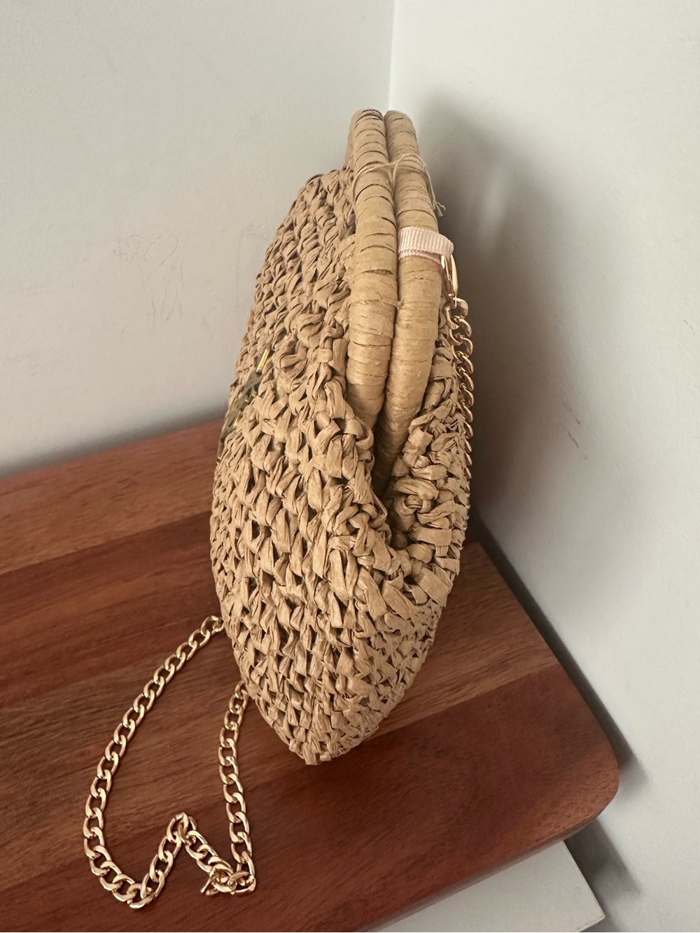 New Designer Inspired Tan Woven Raffia Shoulder Bag with Gold Emblem - Picture 5 of 6